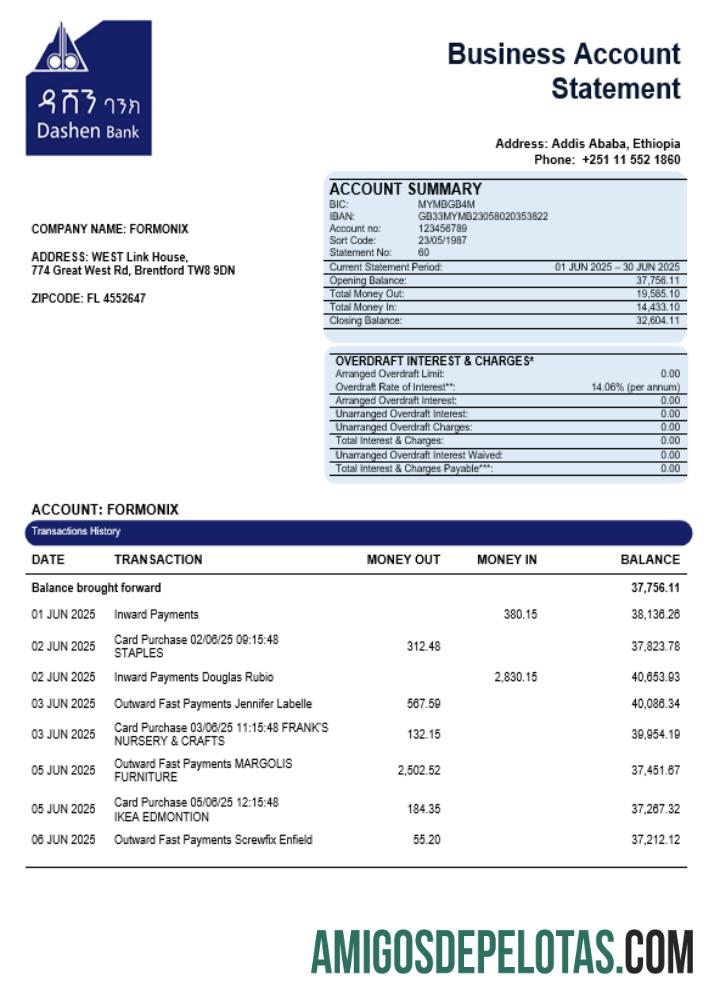 Exemplo de extrato da empresa Dashen Bank em formato Word e PDF